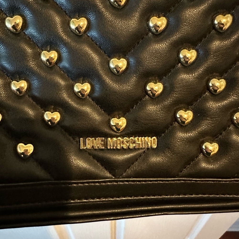Love Moschino Black Quilted Shoulder Bag with Gold Heart Studs